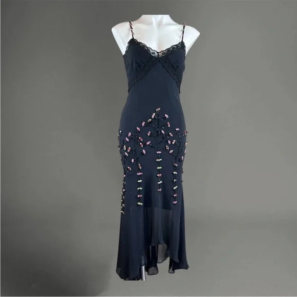 Vintage 90s Y2K 100% Silk Beaded Dress Rose Vintage Beaded Dress Silk Slip Dress - Picture 5 of 7